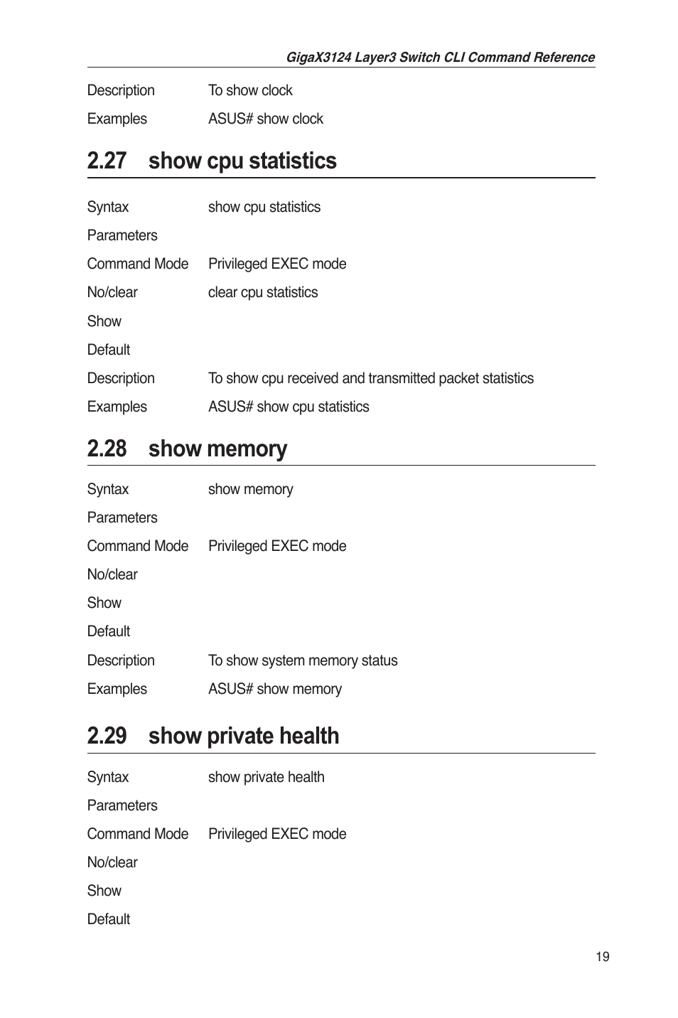 27 show cpu statistics, 29 show private health | Asus GigaX3124 User Manual | Page 44 / 326