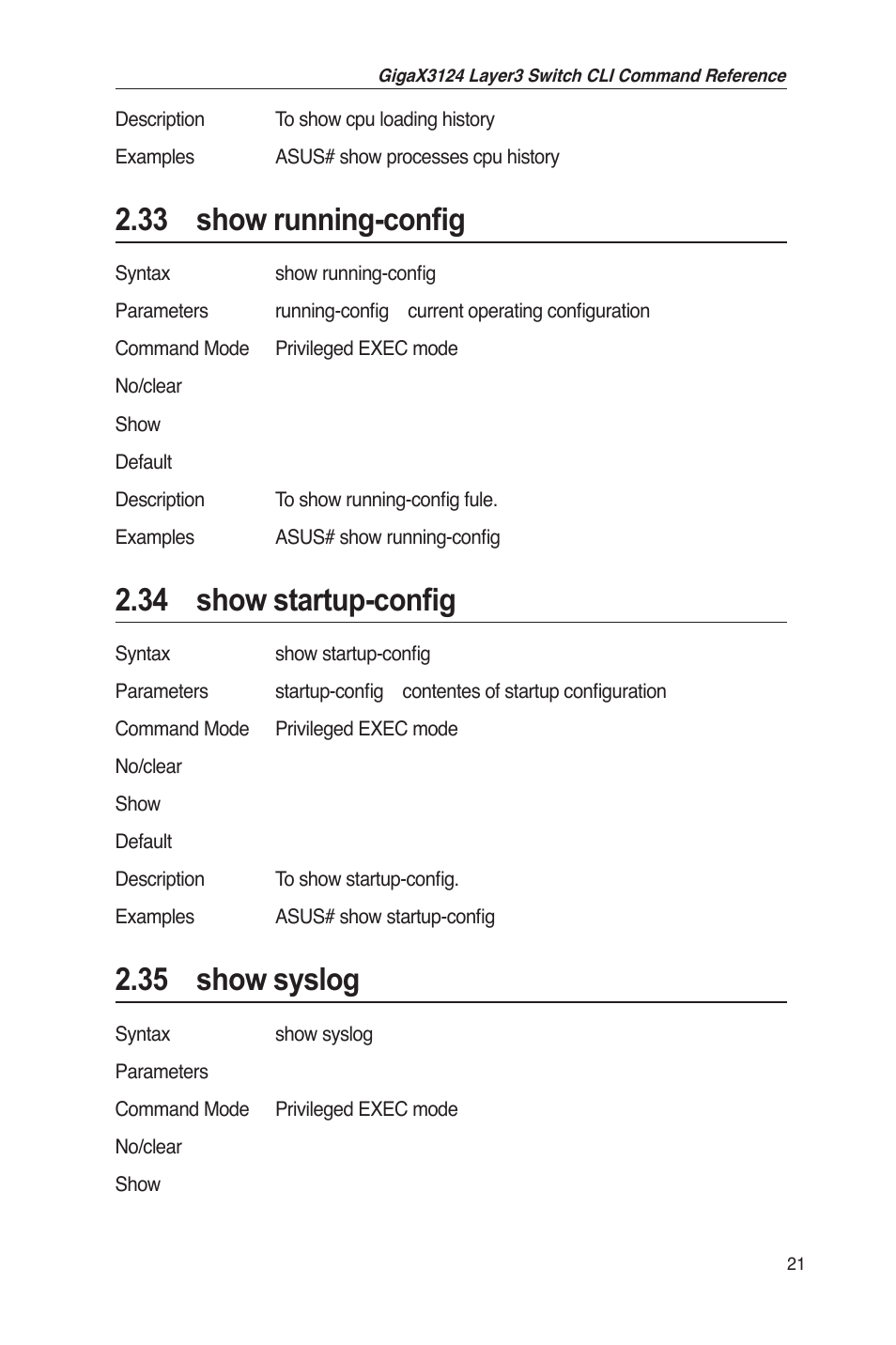 33 show running-config, 34 show startup-config, 35 show syslog | Asus GigaX3124 User Manual | Page 46 / 326