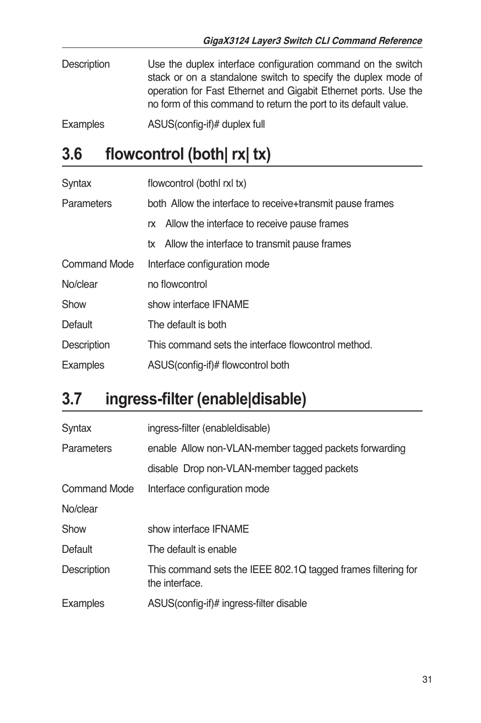 6 flowcontrol (both| rx| tx), 7 ingress-filter (enable|disable) | Asus GigaX3124 User Manual | Page 56 / 326