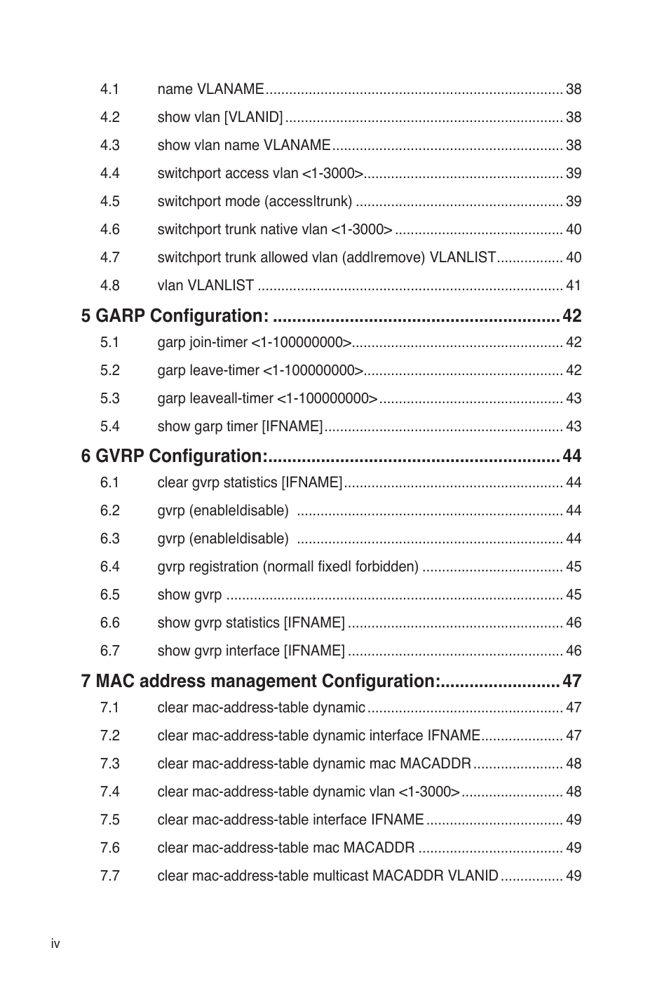 5 garp configuration, 6 gvrp configuration, 7 mac address management configuration | Asus GigaX3124 User Manual | Page 6 / 326