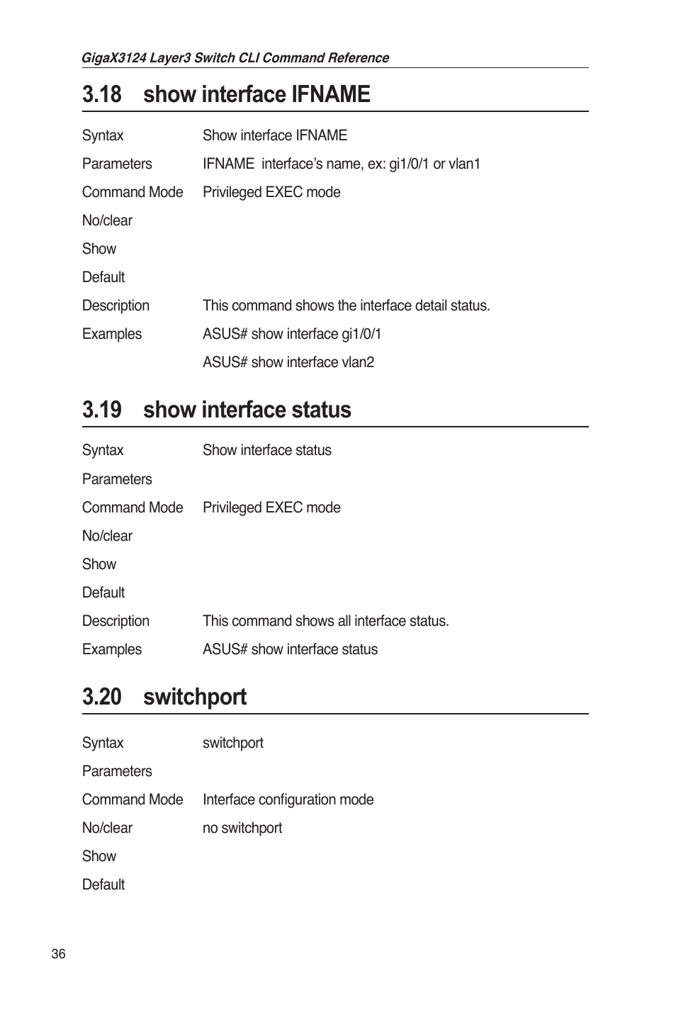 18 show interface ifname, 19 show interface status, 20 switchport | Asus GigaX3124 User Manual | Page 61 / 326