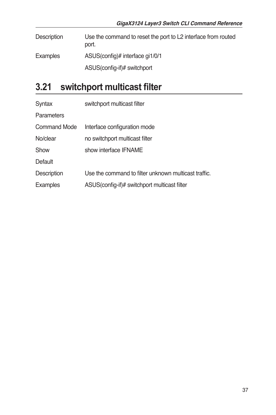 21 switchport multicast filter | Asus GigaX3124 User Manual | Page 62 / 326