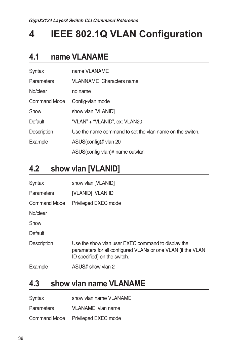 1 name vlaname, 2 show vlan [vlanid, 3 show vlan name vlaname | Asus GigaX3124 User Manual | Page 63 / 326