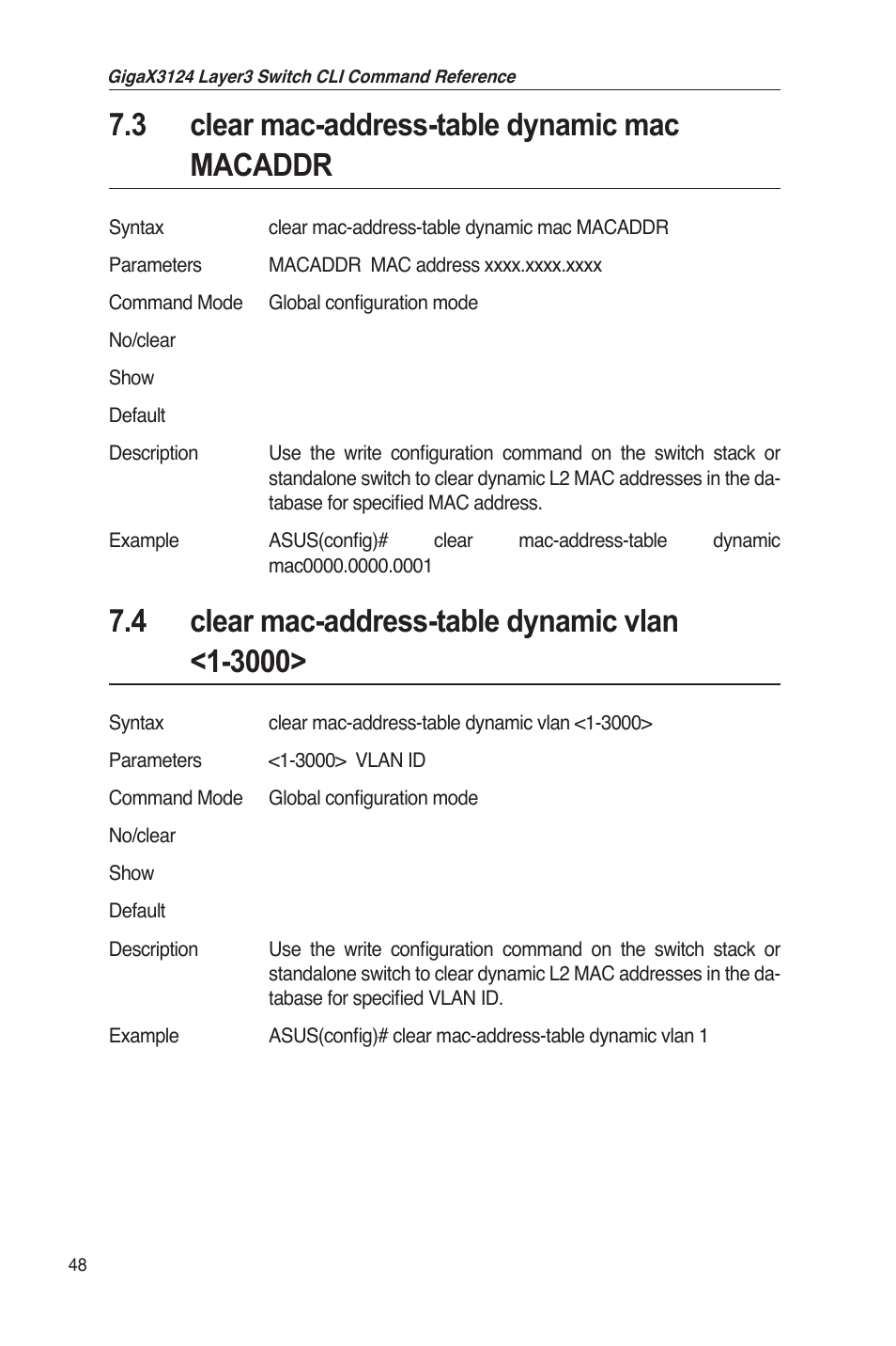 3 clear mac-address-table dynamic mac macaddr | Asus GigaX3124 User Manual | Page 73 / 326