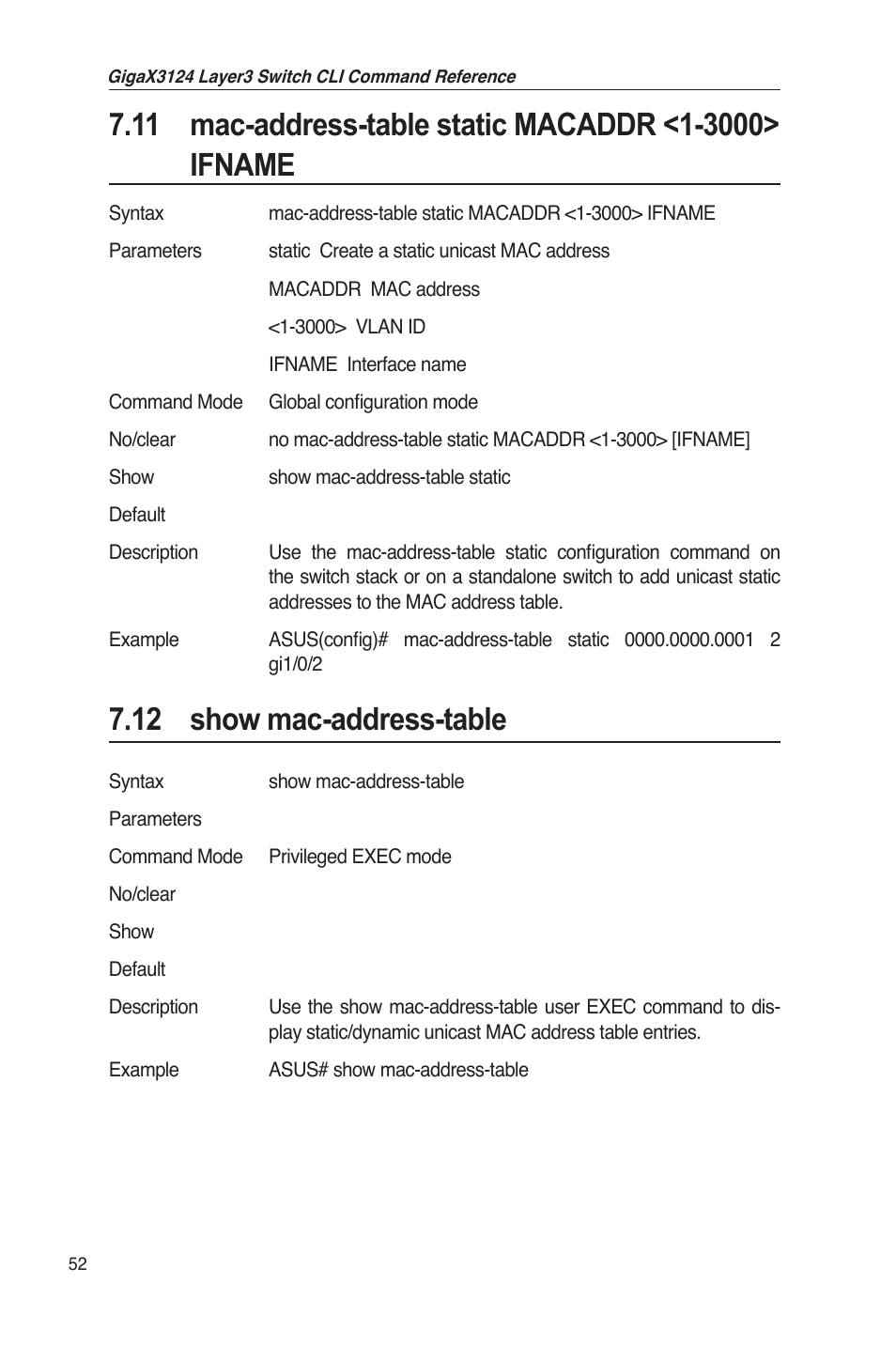 12 show mac-address-table | Asus GigaX3124 User Manual | Page 77 / 326