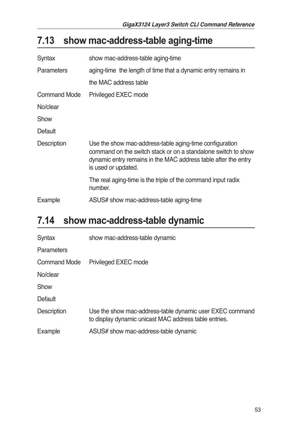 13 show mac-address-table aging-time, 14 show mac-address-table dynamic | Asus GigaX3124 User Manual | Page 78 / 326