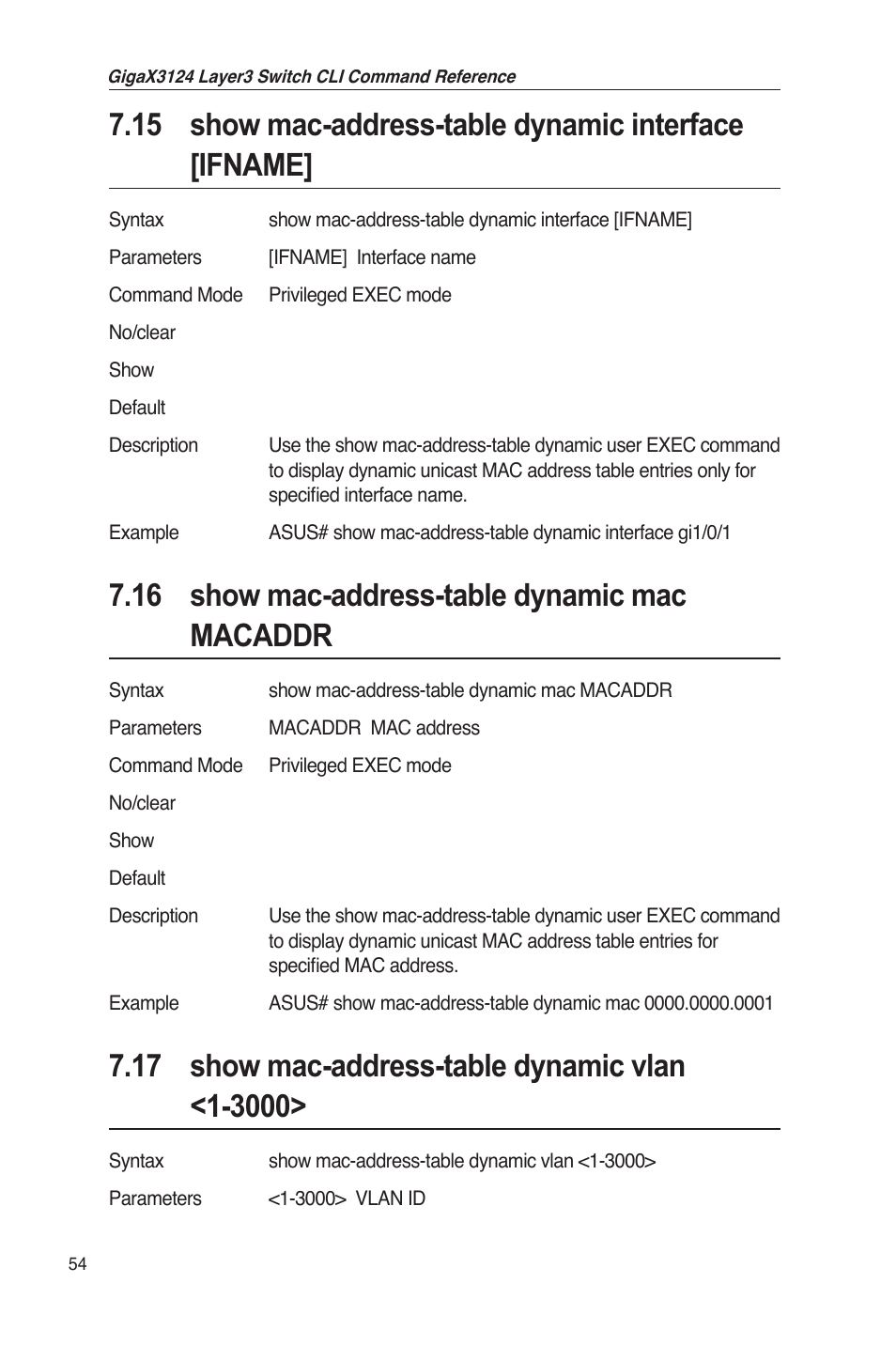 16 show mac-address-table dynamic mac macaddr | Asus GigaX3124 User Manual | Page 79 / 326