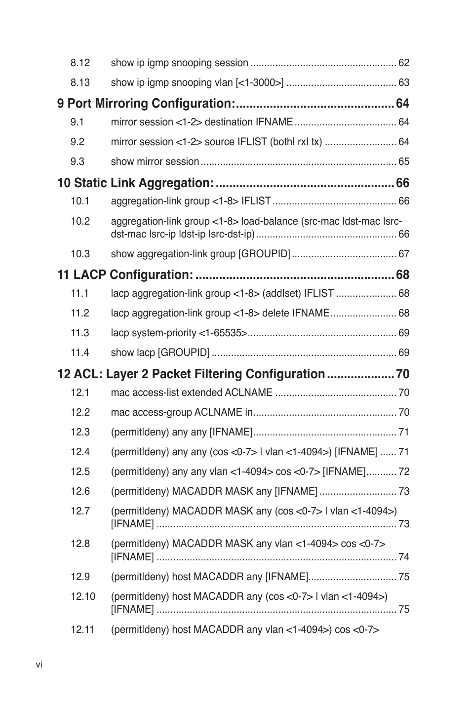 9 port mirroring configuration, 10 static link aggregation, 11 lacp configuration | 12 acl: layer 2 packet filtering configuration | Asus GigaX3124 User Manual | Page 8 / 326