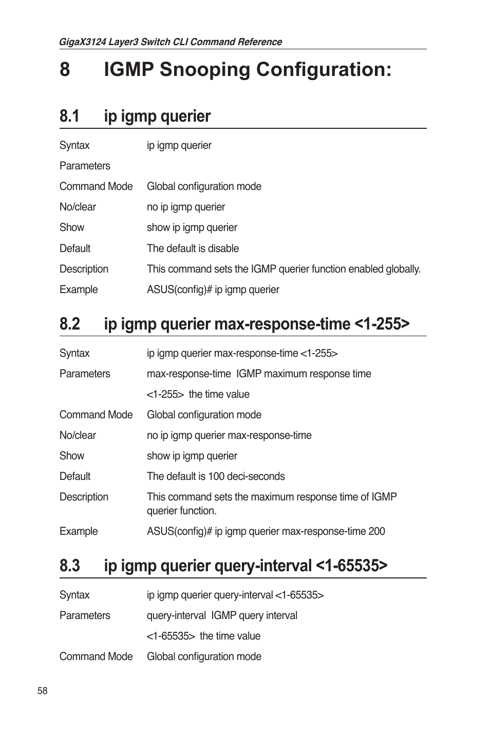 8igmp snooping configuration, 1 ip igmp querier | Asus GigaX3124 User Manual | Page 83 / 326
