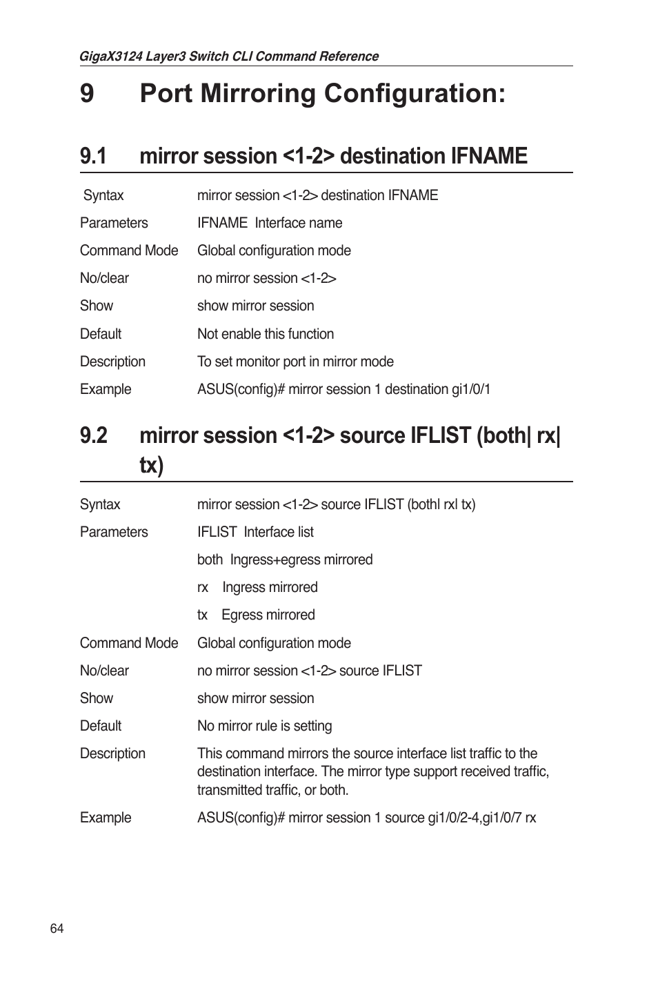 9port mirroring configuration, 1 mirror session <1-2> destination ifname | Asus GigaX3124 User Manual | Page 89 / 326