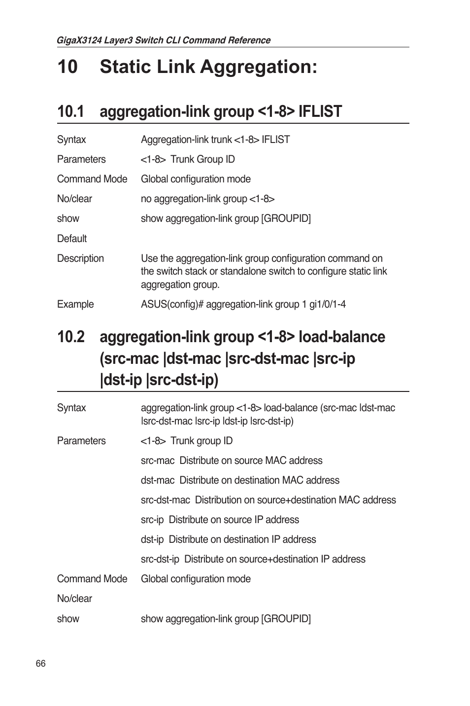 10 static link aggregation, 1 aggregation-link group <1-8> iflist | Asus GigaX3124 User Manual | Page 91 / 326
