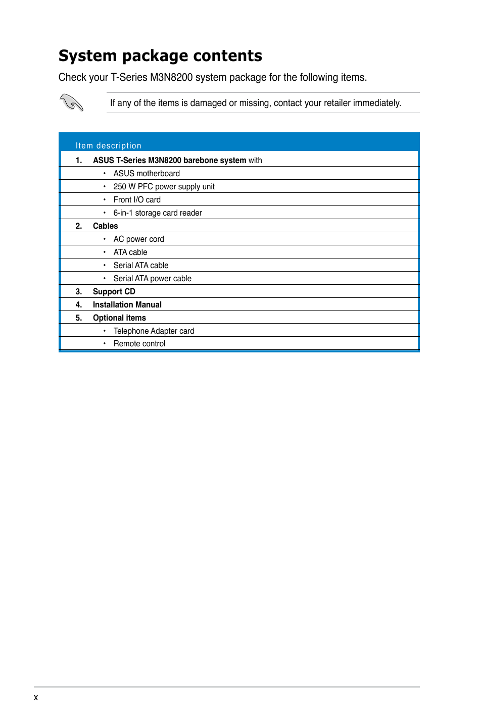 System package contents | Asus T4-M3N8200 User Manual | Page 10 / 93