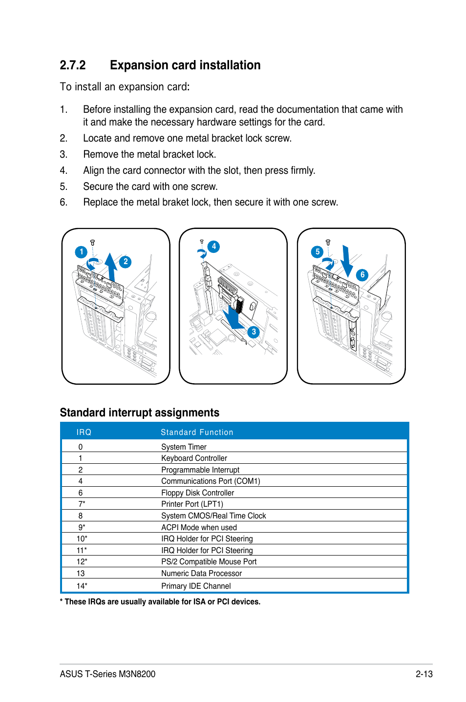 2 expansion card installation, Standard interrupt assignments | Asus T4-M3N8200 User Manual | Page 31 / 93