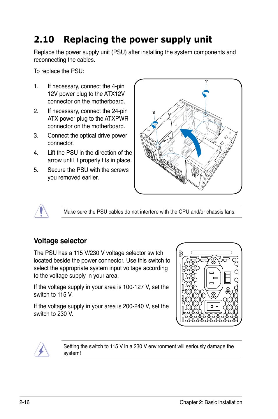 10 replacing the power supply unit, Voltage selector, 16 chapter 2: basic installation | Asus T4-M3N8200 User Manual | Page 34 / 93