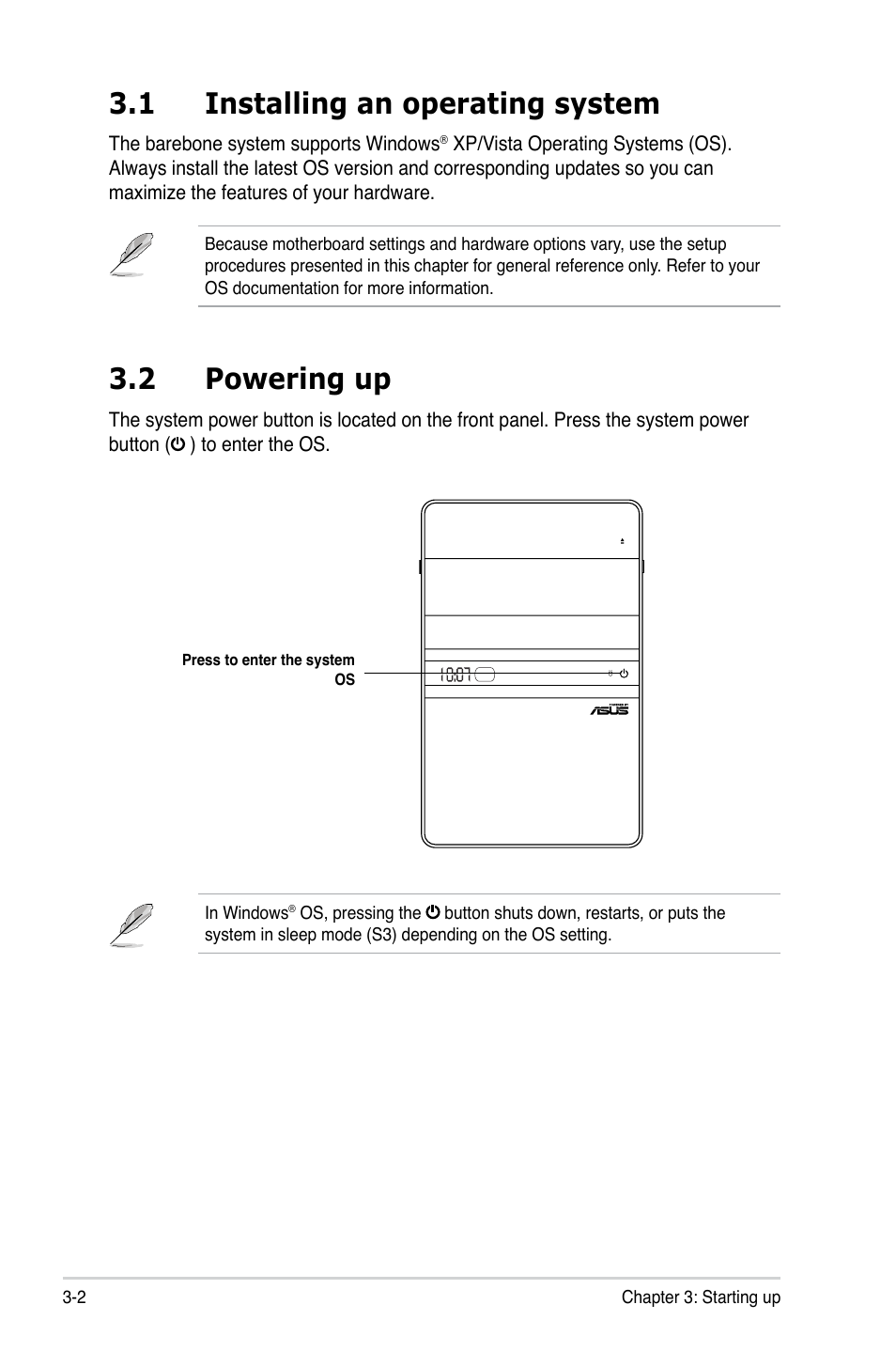 1 installing an operating system, 2 powering up | Asus T4-M3N8200 User Manual | Page 38 / 93