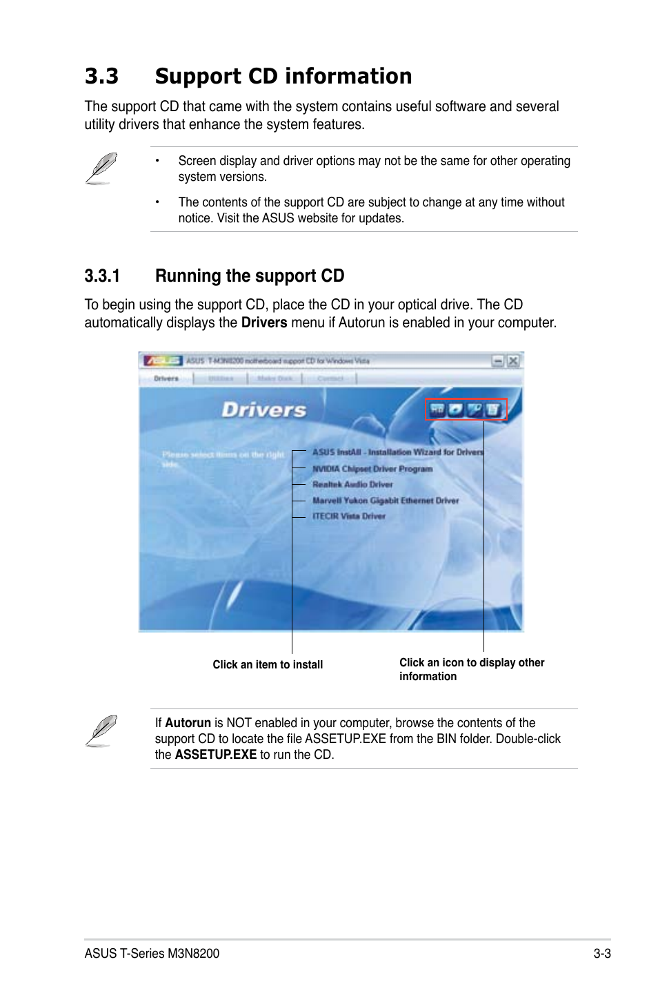 3 support cd information, 1 running the support cd | Asus T4-M3N8200 User Manual | Page 39 / 93