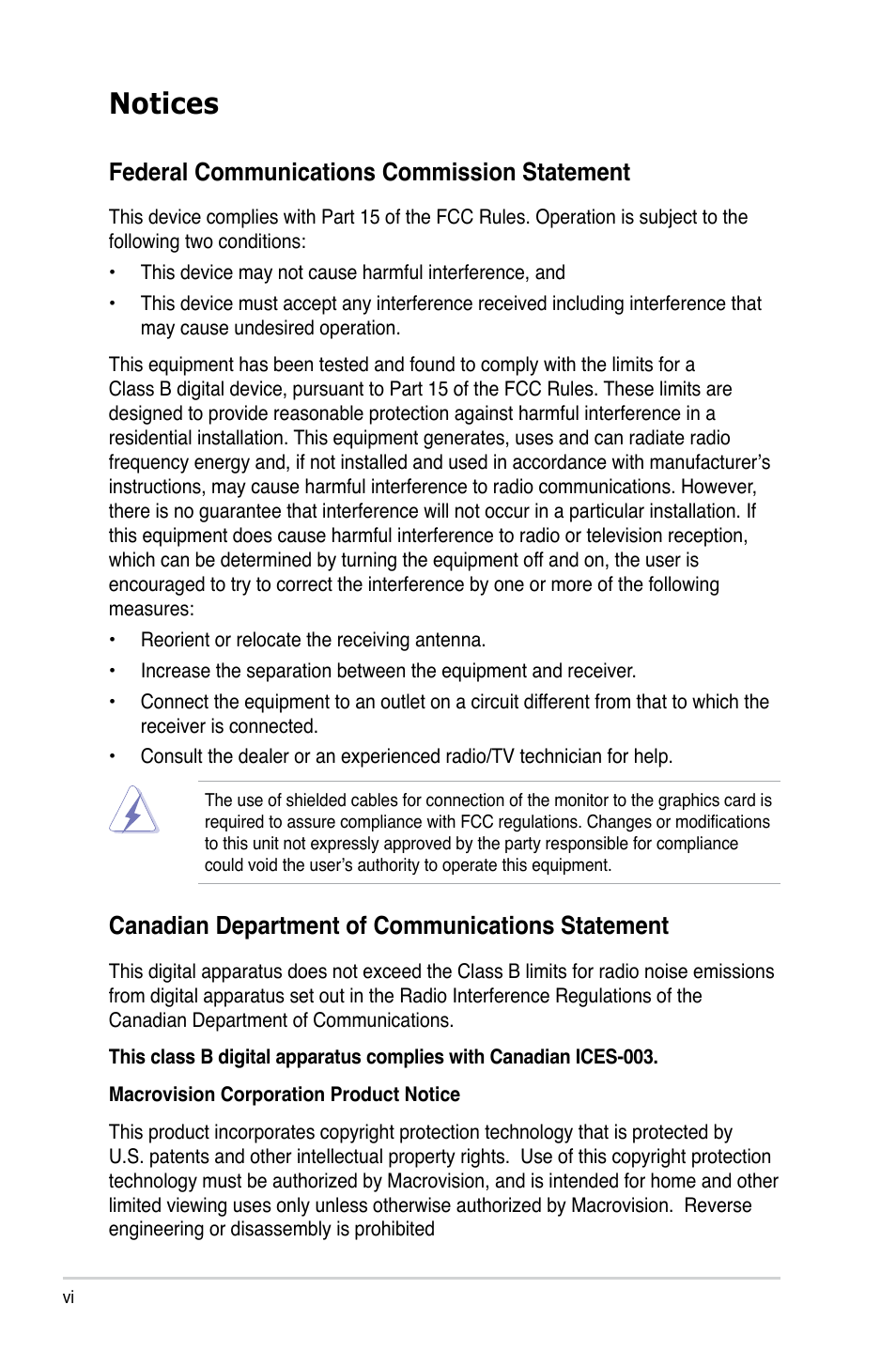 Notices, Federal communications commission statement, Canadian department of communications statement | Asus T4-M3N8200 User Manual | Page 6 / 93