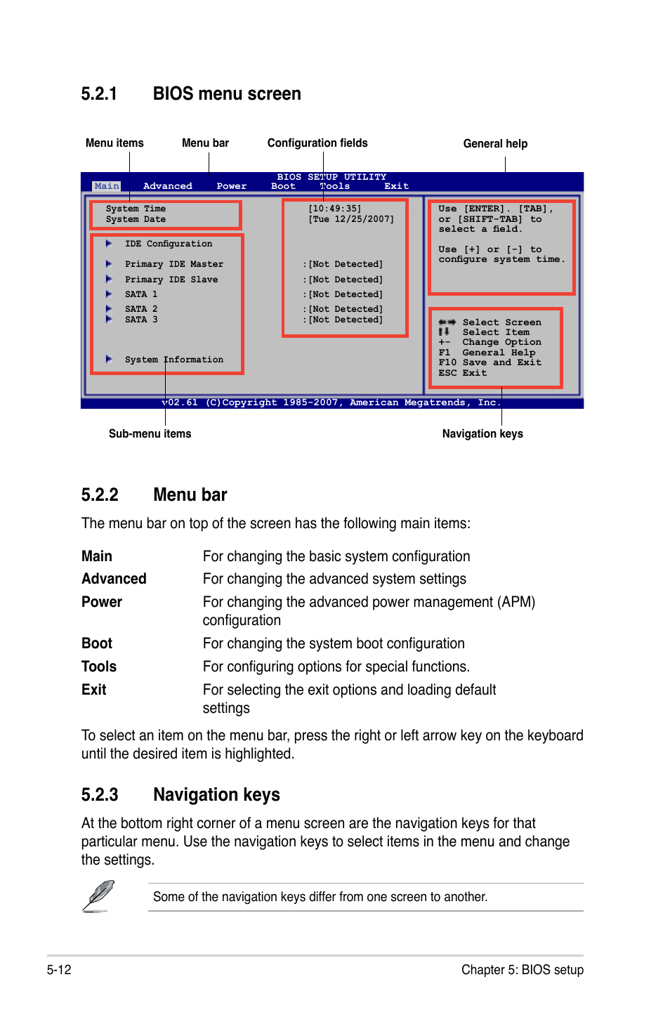 2 menu bar, 1 bios menu screen, 3 navigation keys | Asus T4-M3N8200 User Manual | Page 63 / 93