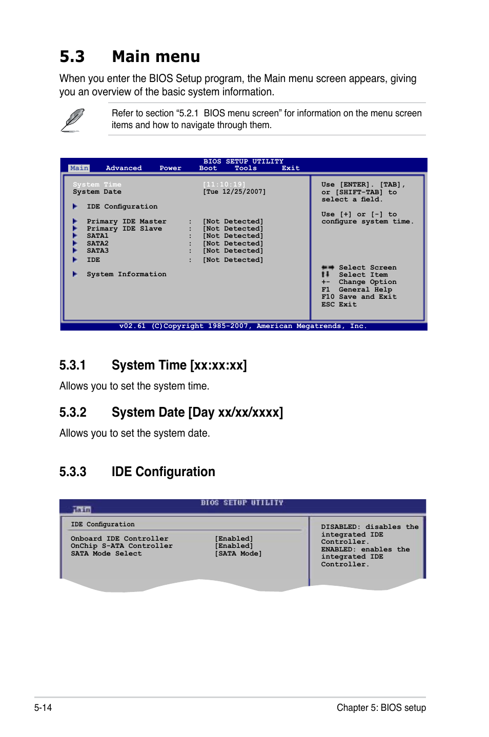 3 main menu, 1 system time [xx:xx:xx, 3 ide configuration | Allows you to set the system time, Allows you to set the system date | Asus T4-M3N8200 User Manual | Page 65 / 93