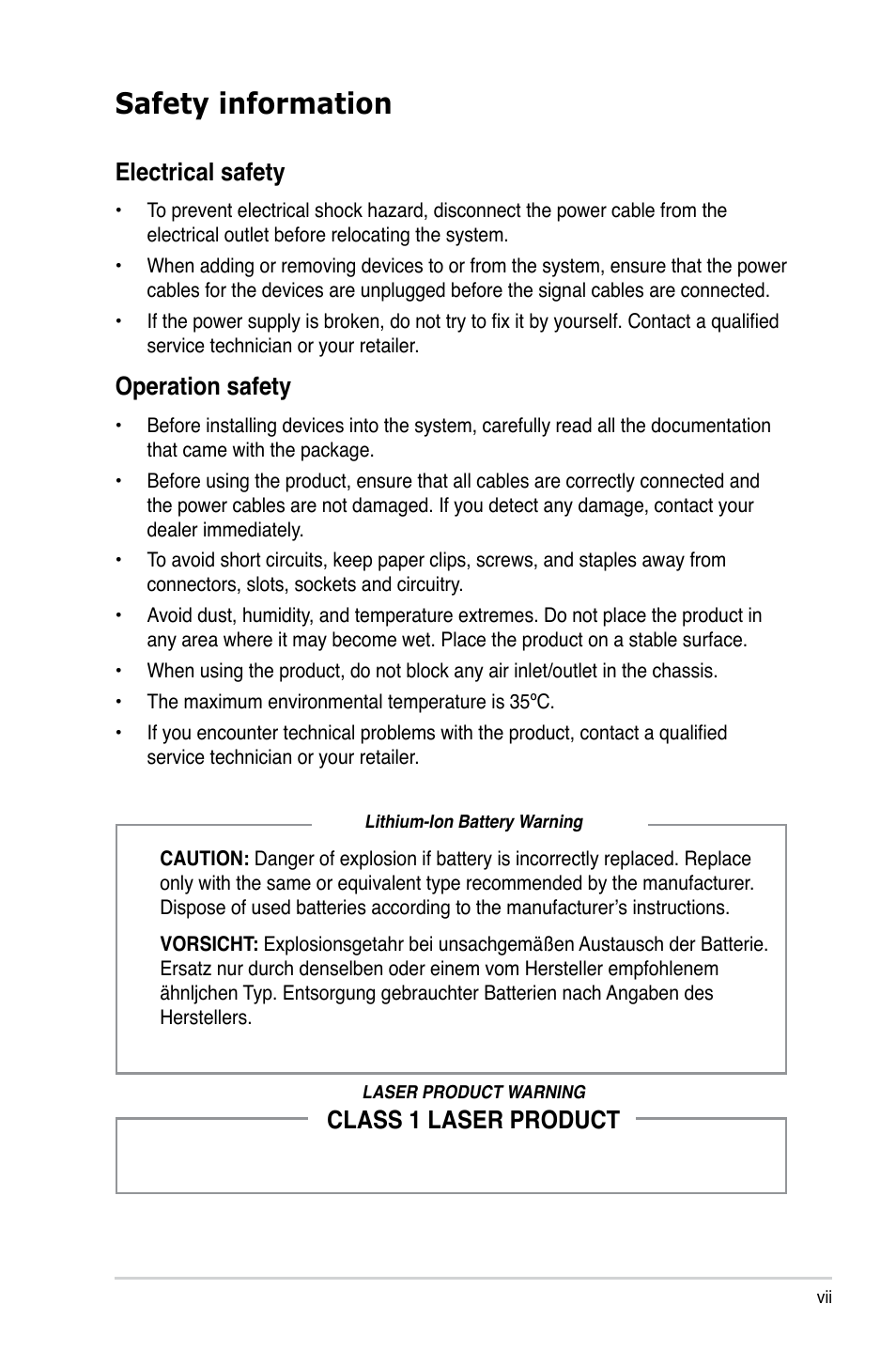 Safety information, Electrical safety, Operation safety | Class 1 laser product | Asus T4-M3N8200 User Manual | Page 7 / 93