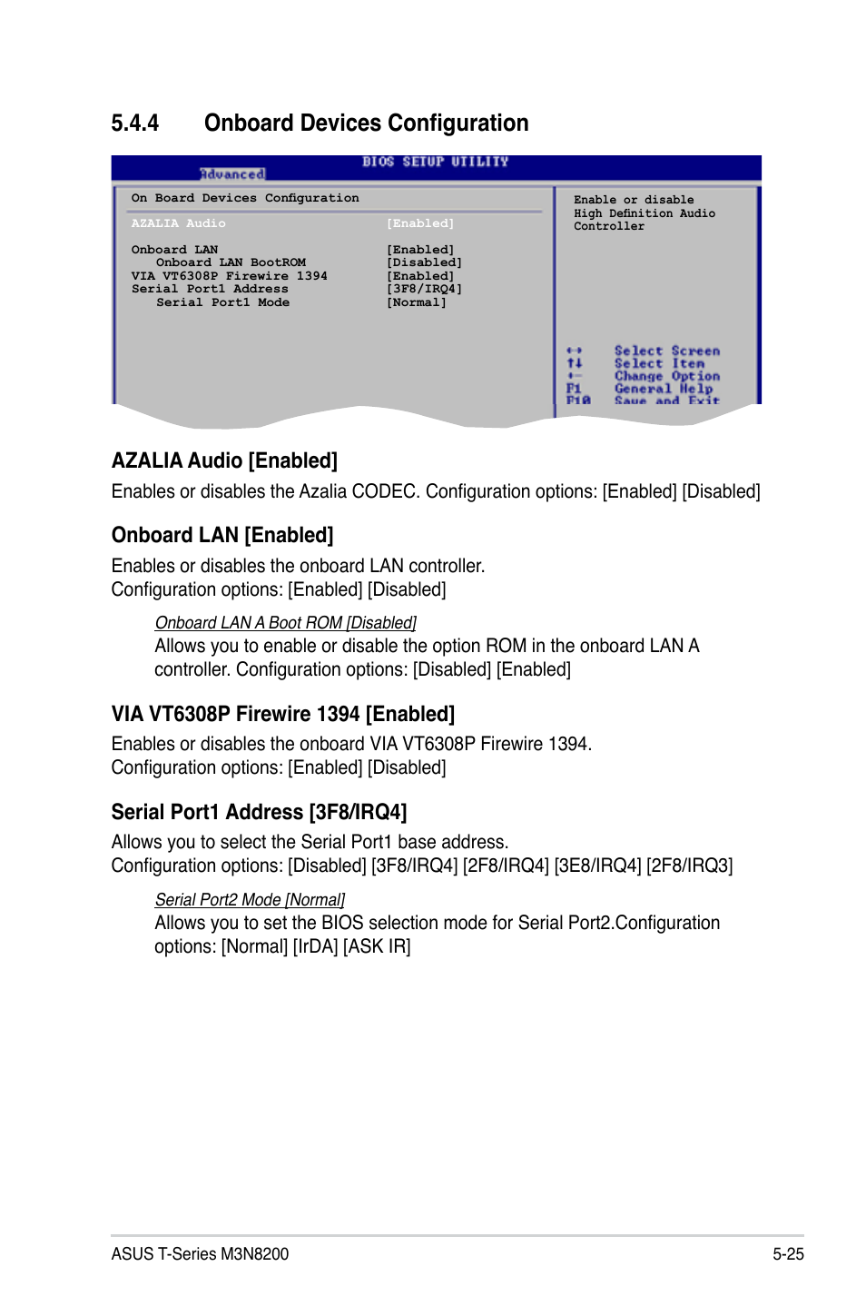 4 onboard devices configuration, Azalia audio [enabled, Onboard lan [enabled | Serial port1 address [3f8/irq4 | Asus T4-M3N8200 User Manual | Page 76 / 93