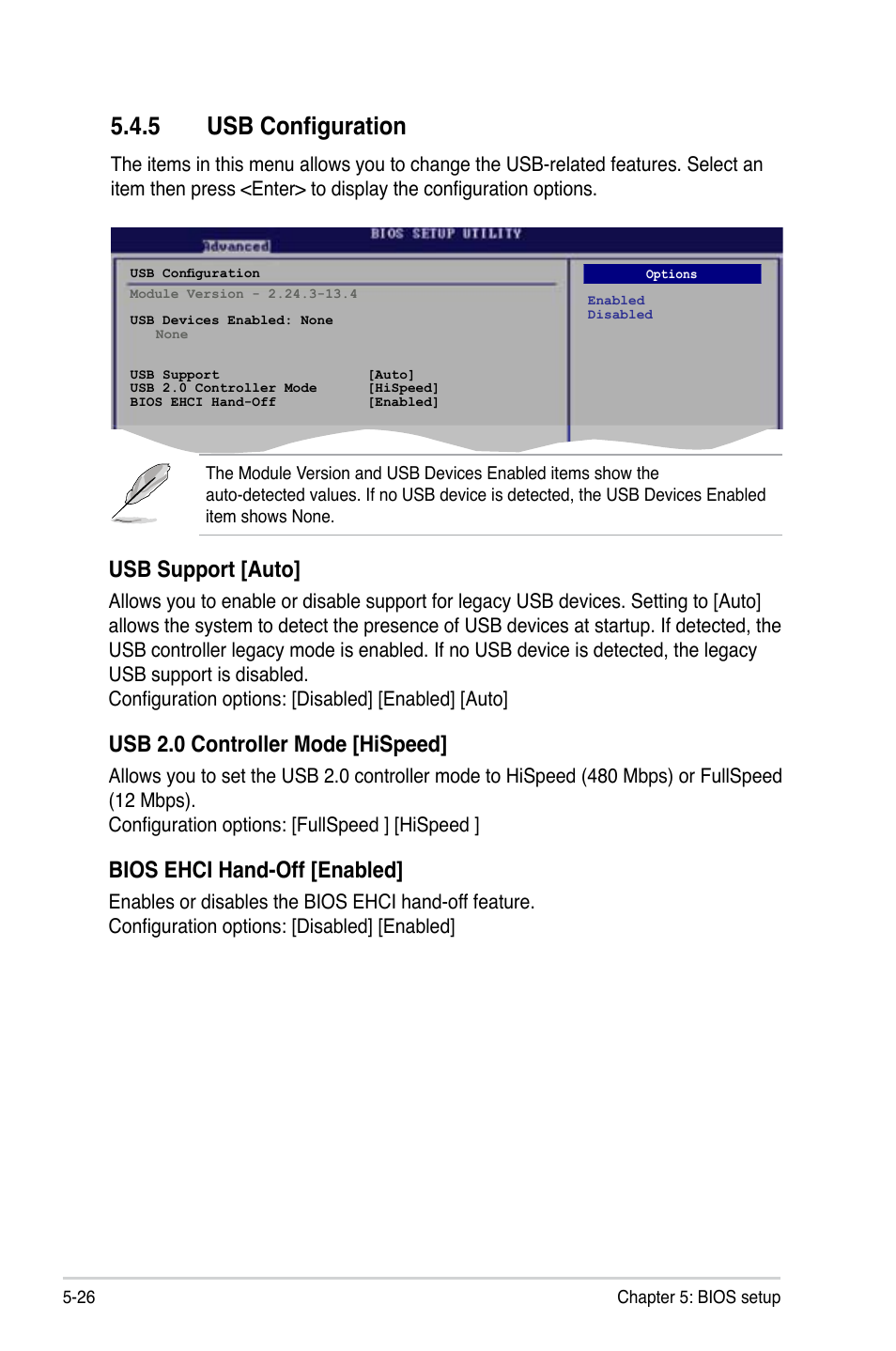 5 usb configuration, Usb support [auto, Usb 2.0 controller mode [hispeed | Bios ehci hand-off [enabled | Asus T4-M3N8200 User Manual | Page 77 / 93