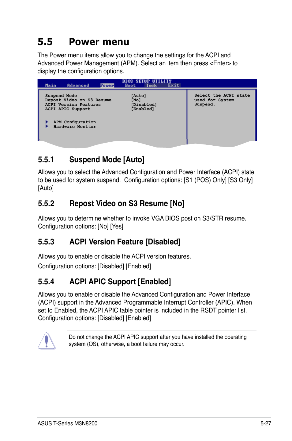 5 power menu, 1 suspend mode [auto, 2 repost video on s3 resume [no | 3 acpi version feature [disabled, 4 acpi apic support [enabled | Asus T4-M3N8200 User Manual | Page 78 / 93