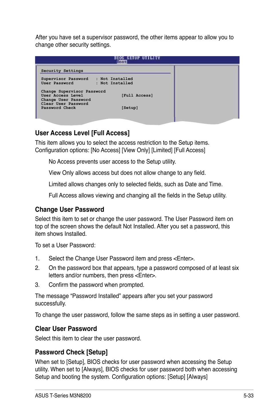 User access level [full access, Change user password, Clear user password | Password check [setup | Asus T4-M3N8200 User Manual | Page 84 / 93