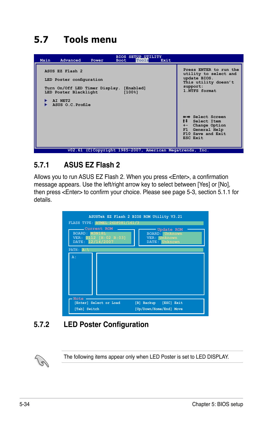 7 tools menu, 1 asus ez flash 2, 2 led poster configuration | Asus T4-M3N8200 User Manual | Page 85 / 93