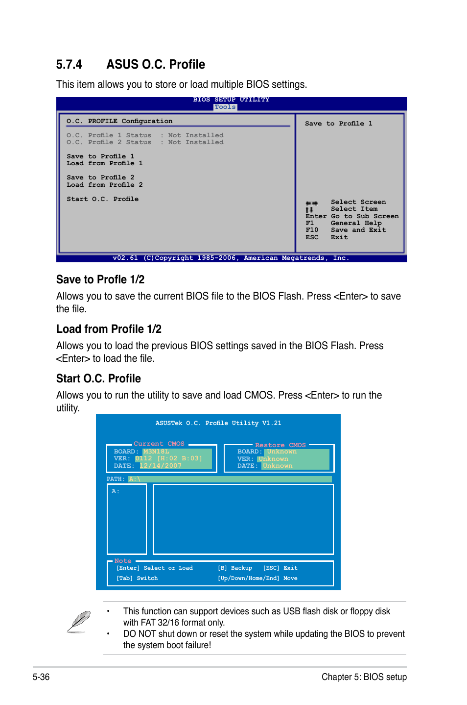 4 asus o.c. profile, Save to profle 1/2, Load from profile 1/2 | Start o.c. profile | Asus T4-M3N8200 User Manual | Page 87 / 93