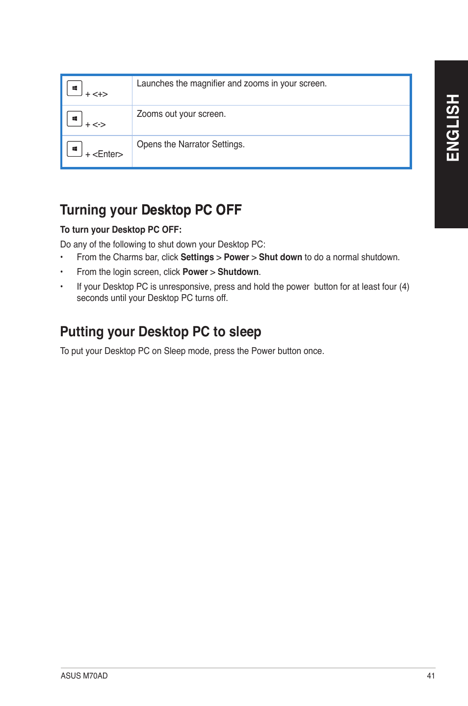 Turning your desktop pc off, Putting your desktop pc to sleep, En gl is h en gl is h | Asus M70AD User Manual | Page 41 / 80