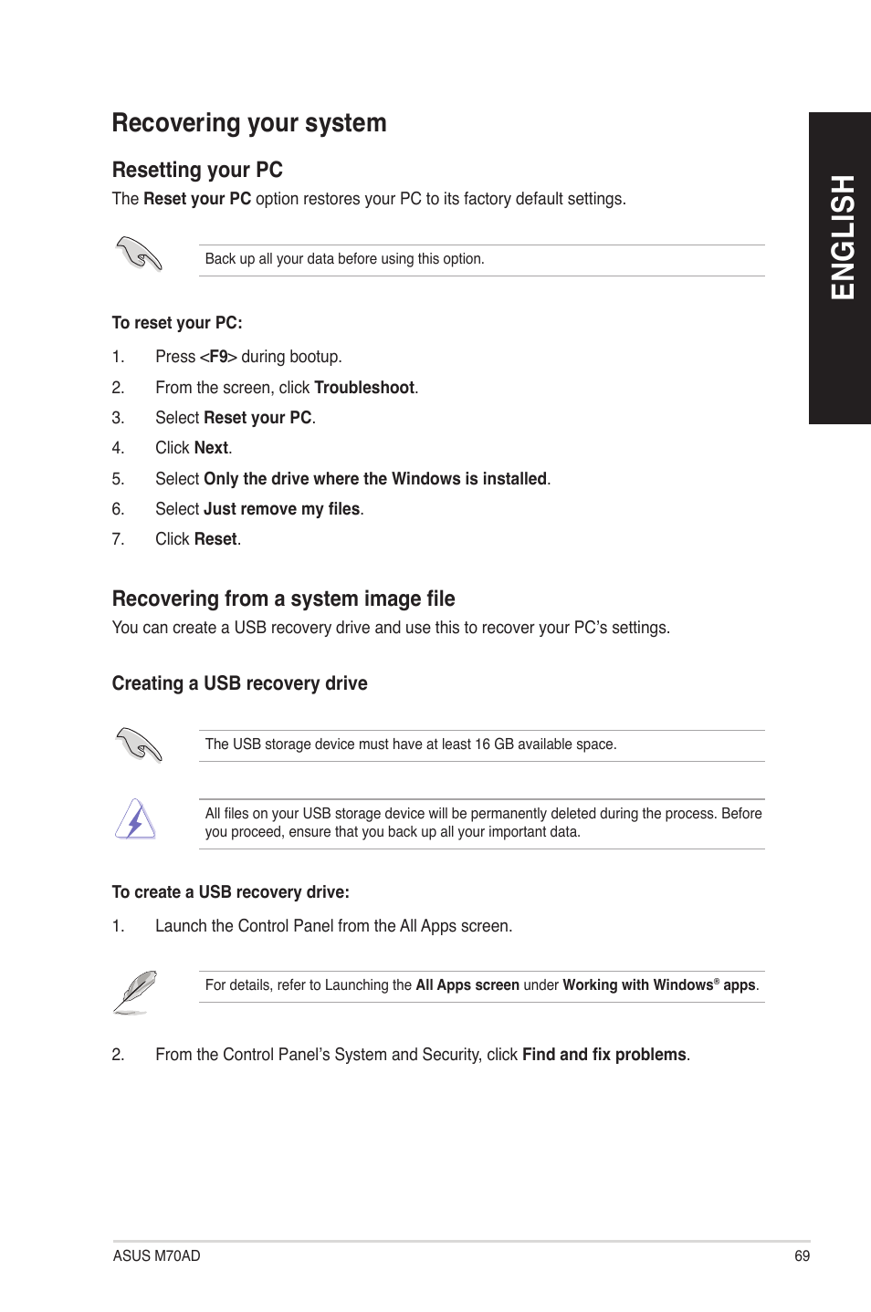 Recovering your system, En gl is h en gl is h | Asus M70AD User Manual | Page 69 / 80