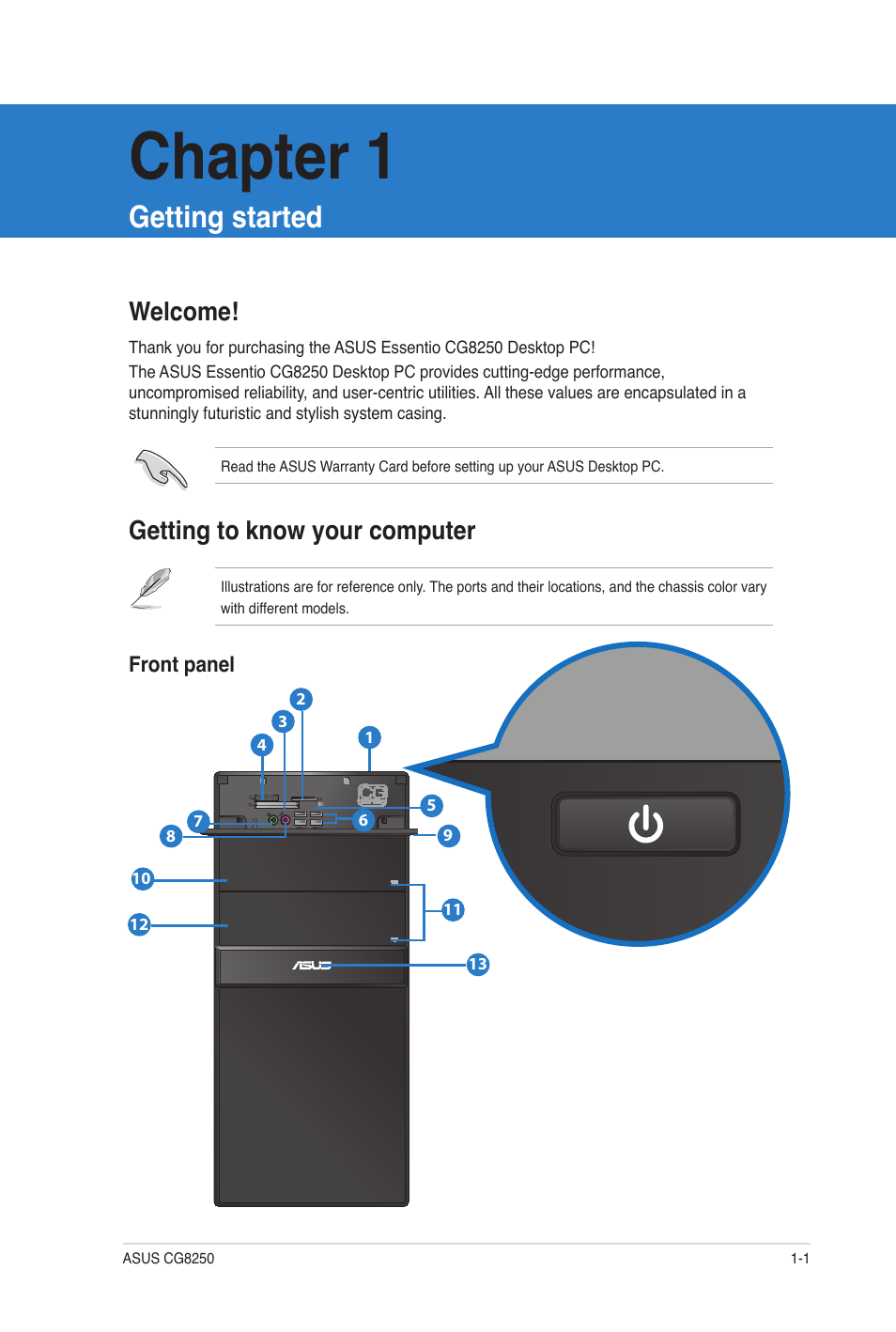 Chapter 1, Getting started, Welcome | Getting to know your computer, Welcome! -1 getting to know your computer -1 | Asus CG8250 User Manual | Page 10 / 60