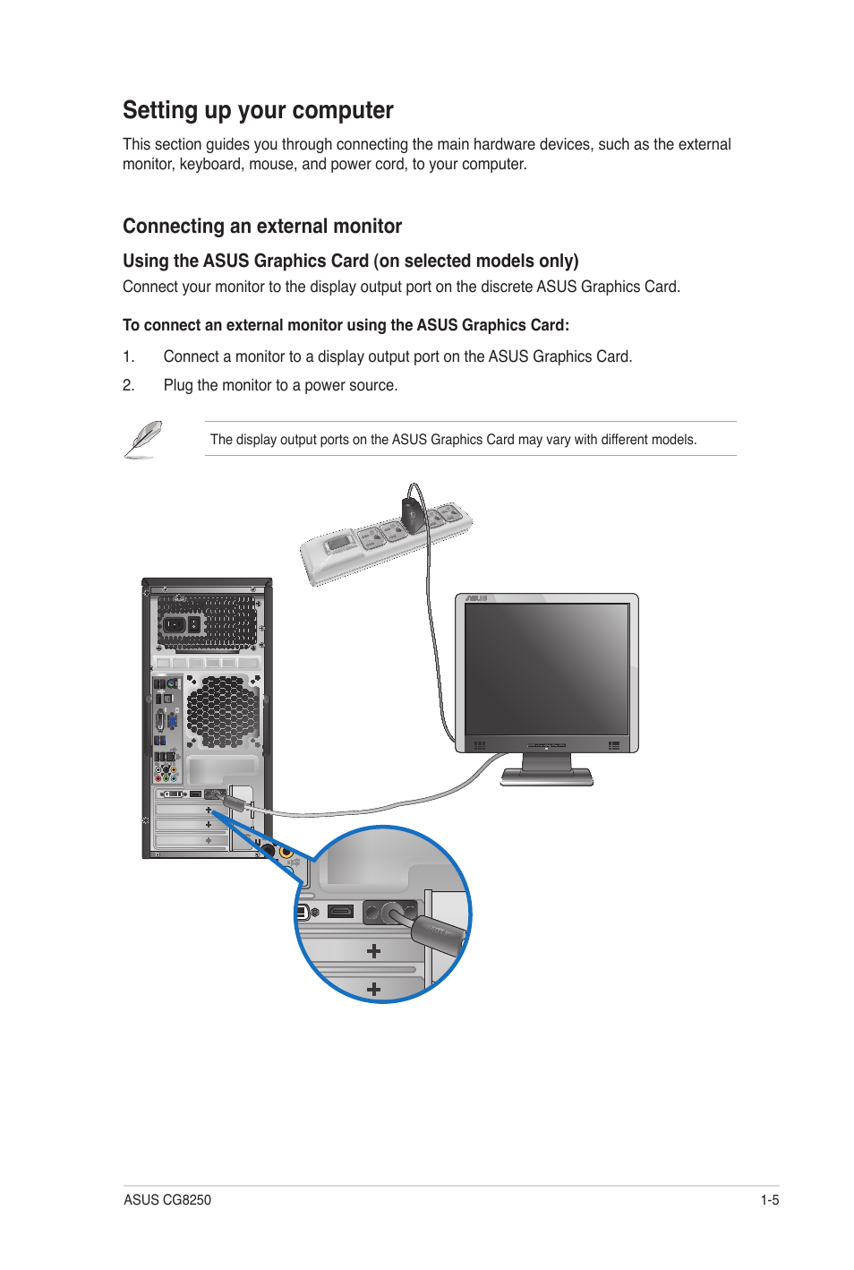 Setting up your computer, Setting up your computer -5, Connecting an external monitor | Asus CG8250 User Manual | Page 14 / 60