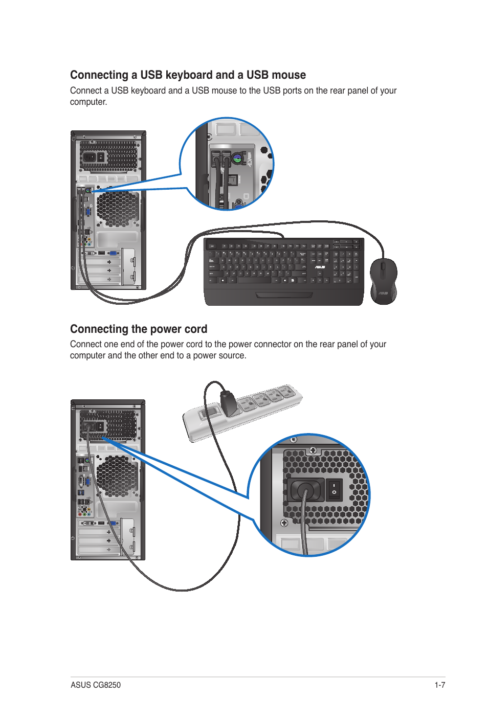 Connecting a usb keyboard and a usb mouse, Connecting the power cord | Asus CG8250 User Manual | Page 16 / 60