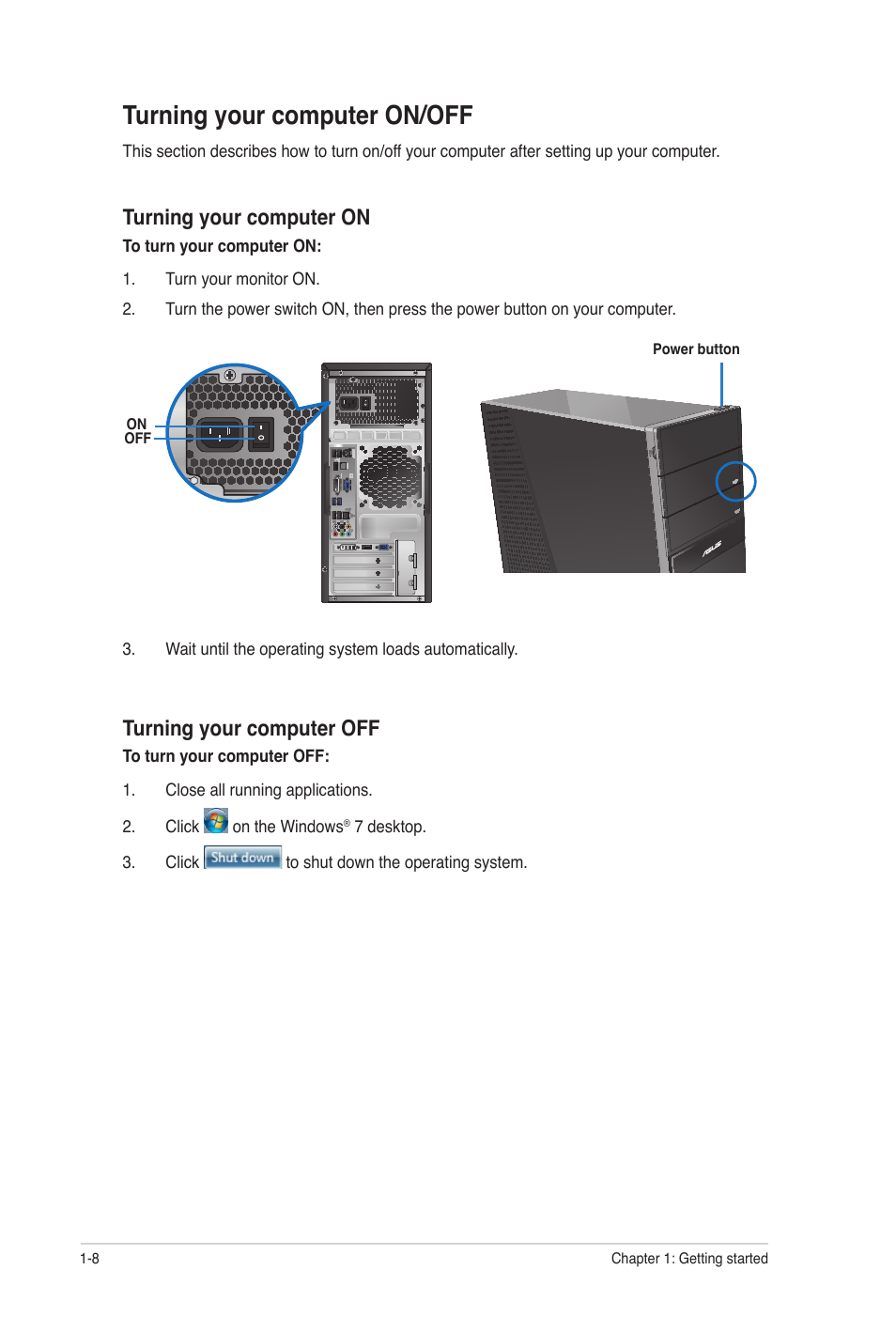 Turning your computer on/off, Turning your computer on/off -8, Turning your computer on | Turning your computer off | Asus CG8250 User Manual | Page 17 / 60