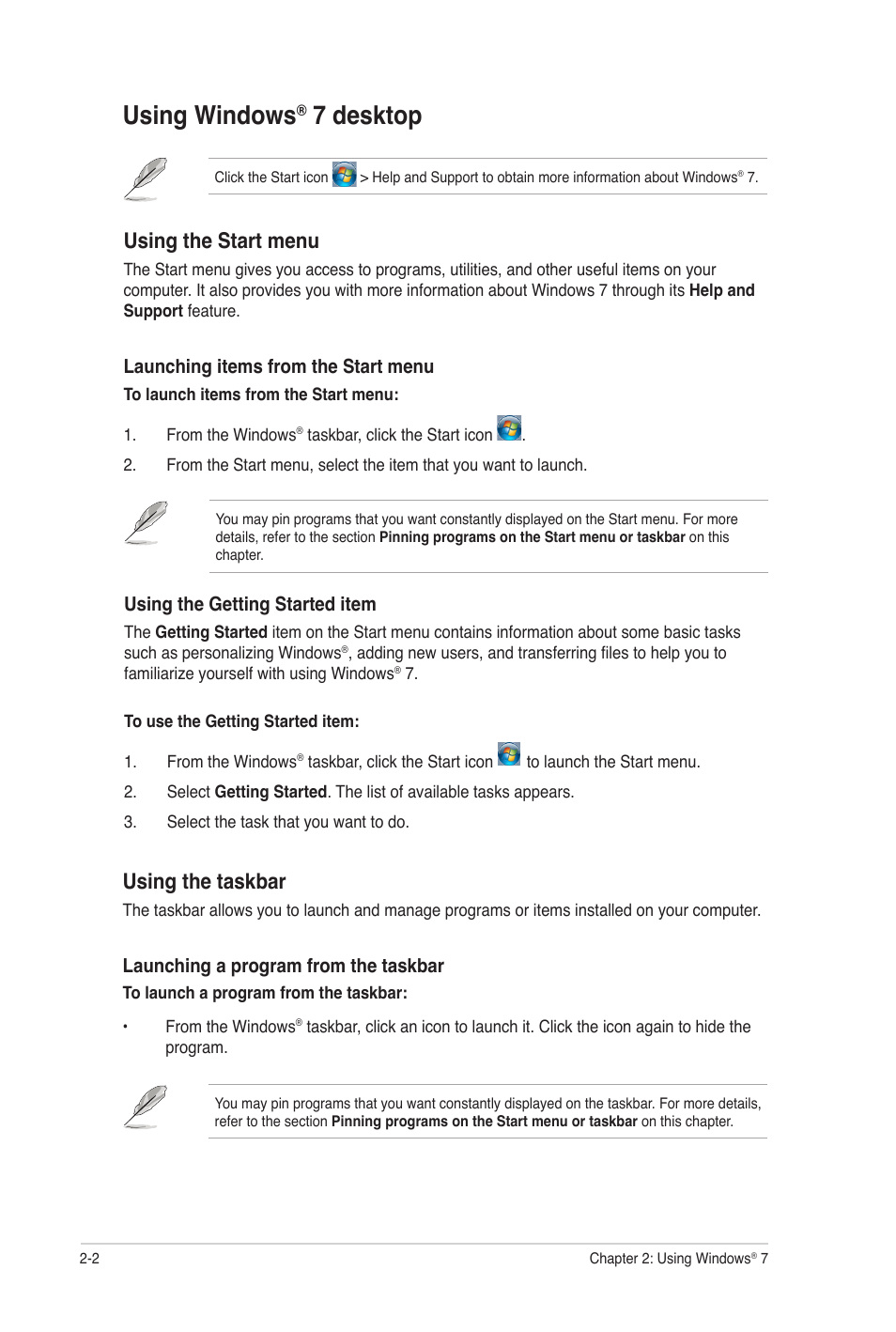 Using windows® 7 desktop, Using windows, 7 desktop -2 | 7 desktop, Using the start menu, Using the taskbar | Asus CG8250 User Manual | Page 19 / 60