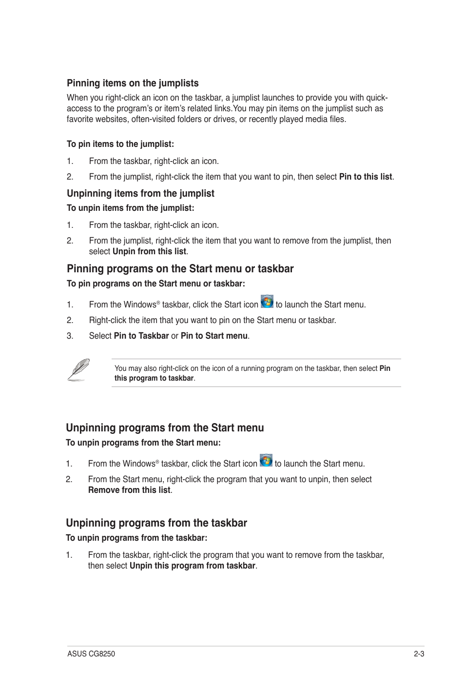 Pinning programs on the start menu or taskbar, Unpinning programs from the start menu, Unpinning programs from the taskbar | Asus CG8250 User Manual | Page 20 / 60