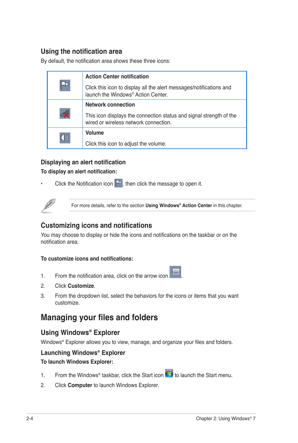Managing your files and folders, Managing your files and folders -4, Using the notification area | Customizing icons and notifications, Using windows, Explorer | Asus CG8250 User Manual | Page 21 / 60