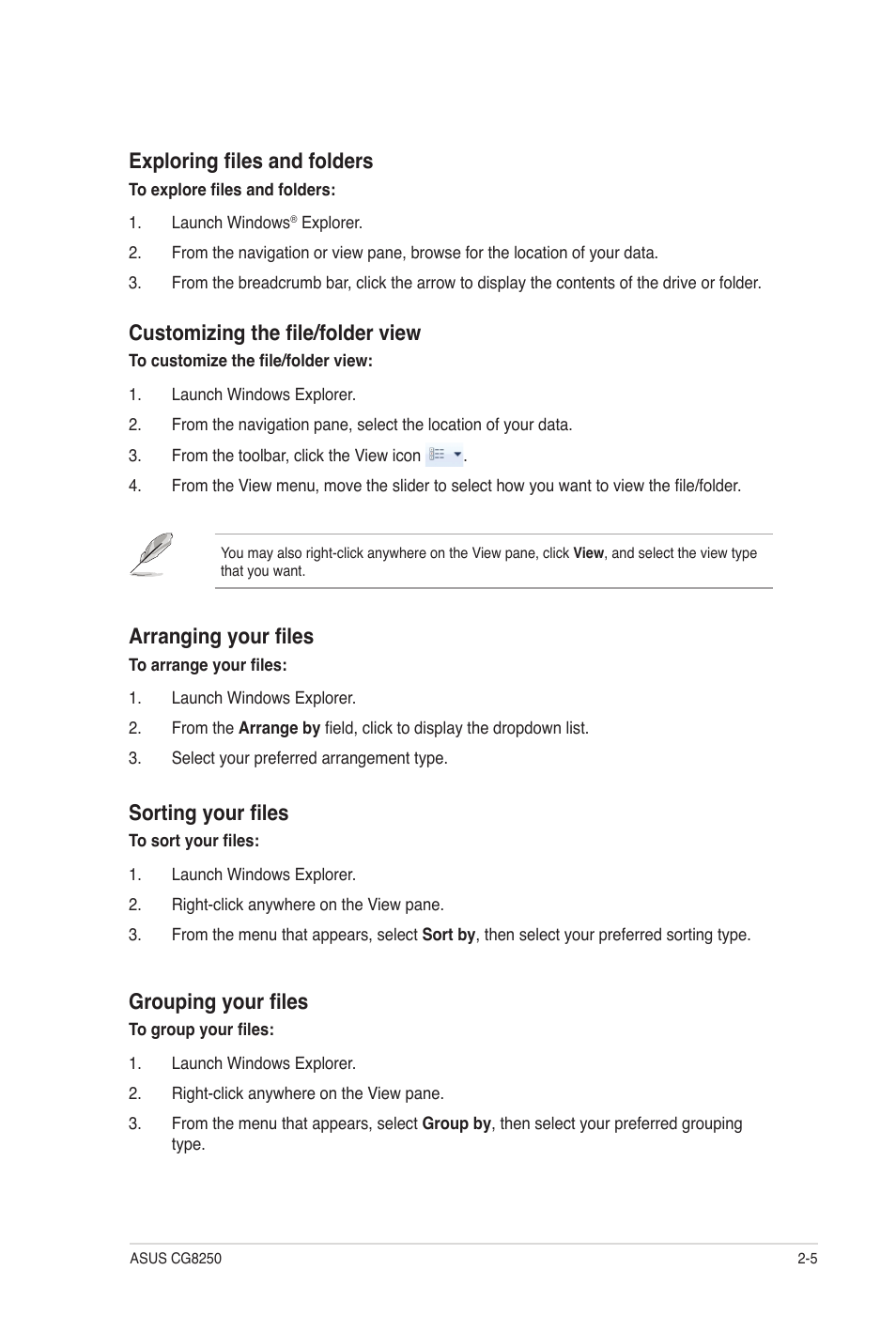 Exploring files and folders, Customizing the file/folder view, Arranging your files | Sorting your files, Grouping your files | Asus CG8250 User Manual | Page 22 / 60