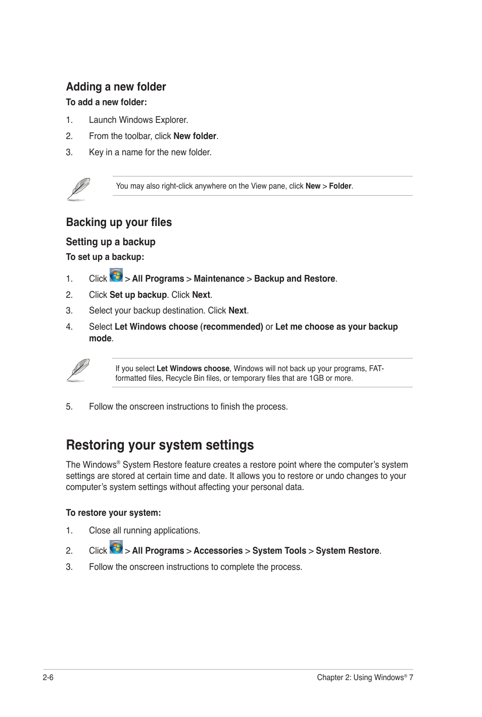 Restoring your system settings, Restoring your system settings -6, Adding a new folder | Backing up your files | Asus CG8250 User Manual | Page 23 / 60