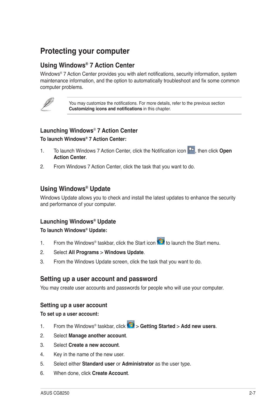 Protecting your computer, Protecting your computer -7, Using windows | 7 action center, Update, Setting up a user account and password | Asus CG8250 User Manual | Page 24 / 60