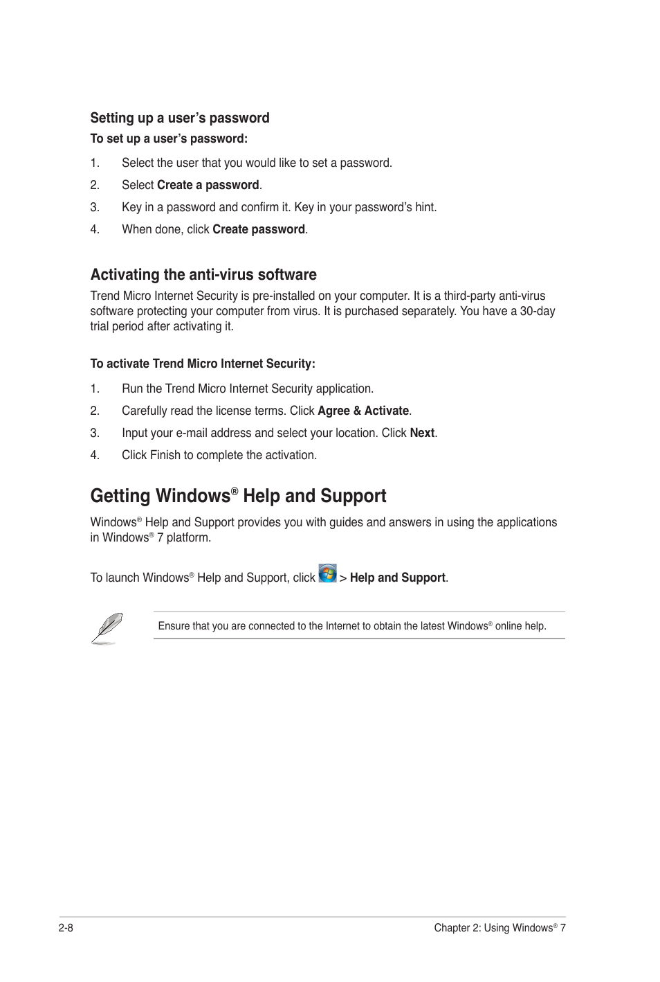 Getting windows® help and support, Getting windows, Help and support -8 | Help and support, Activating the anti-virus software | Asus CG8250 User Manual | Page 25 / 60