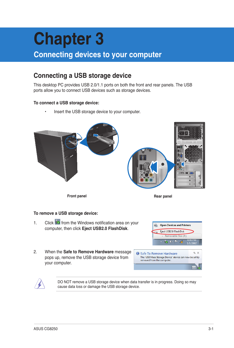 Chapter 3, Connecting devices to your computer, Connecting a usb storage device | Connecting a usb storage device -1 | Asus CG8250 User Manual | Page 26 / 60