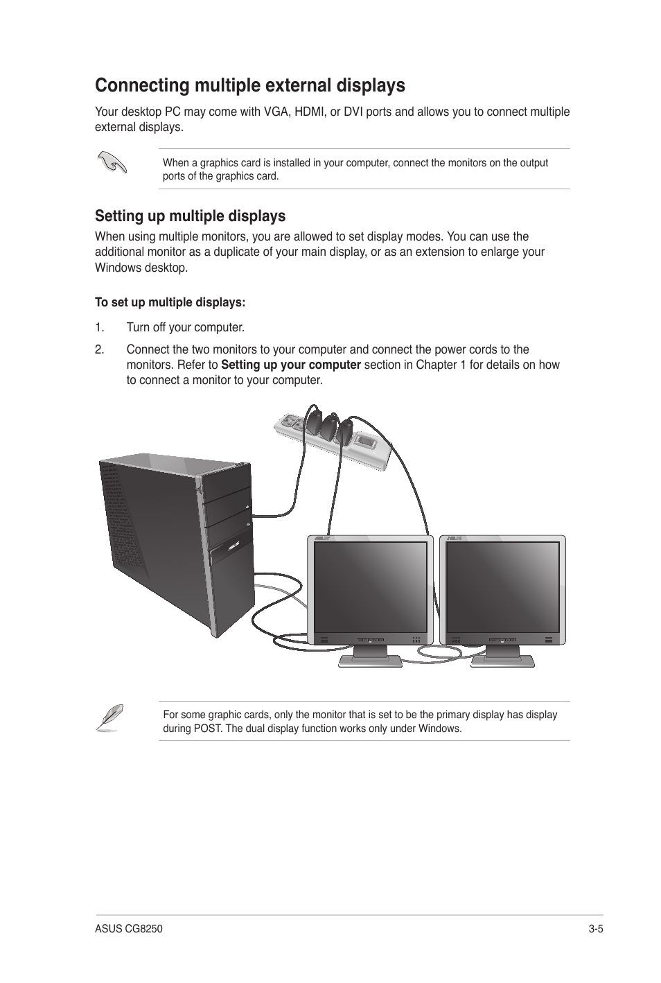 Connecting multiple external displays, Connecting multiple external displays -5, Setting up multiple displays | Asus CG8250 User Manual | Page 30 / 60