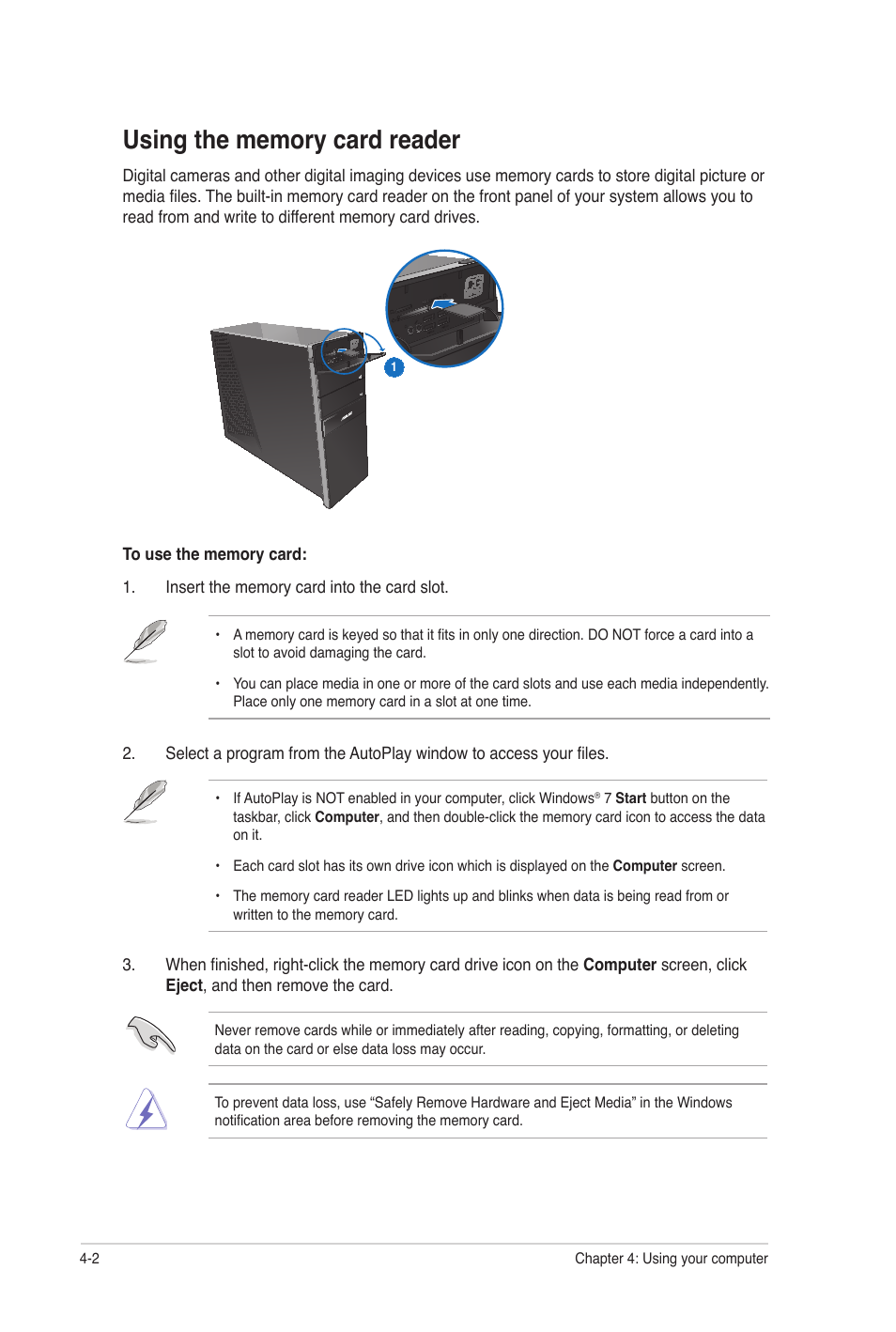 Using the memory card reader, Using the memory card reader -2 | Asus CG8250 User Manual | Page 34 / 60