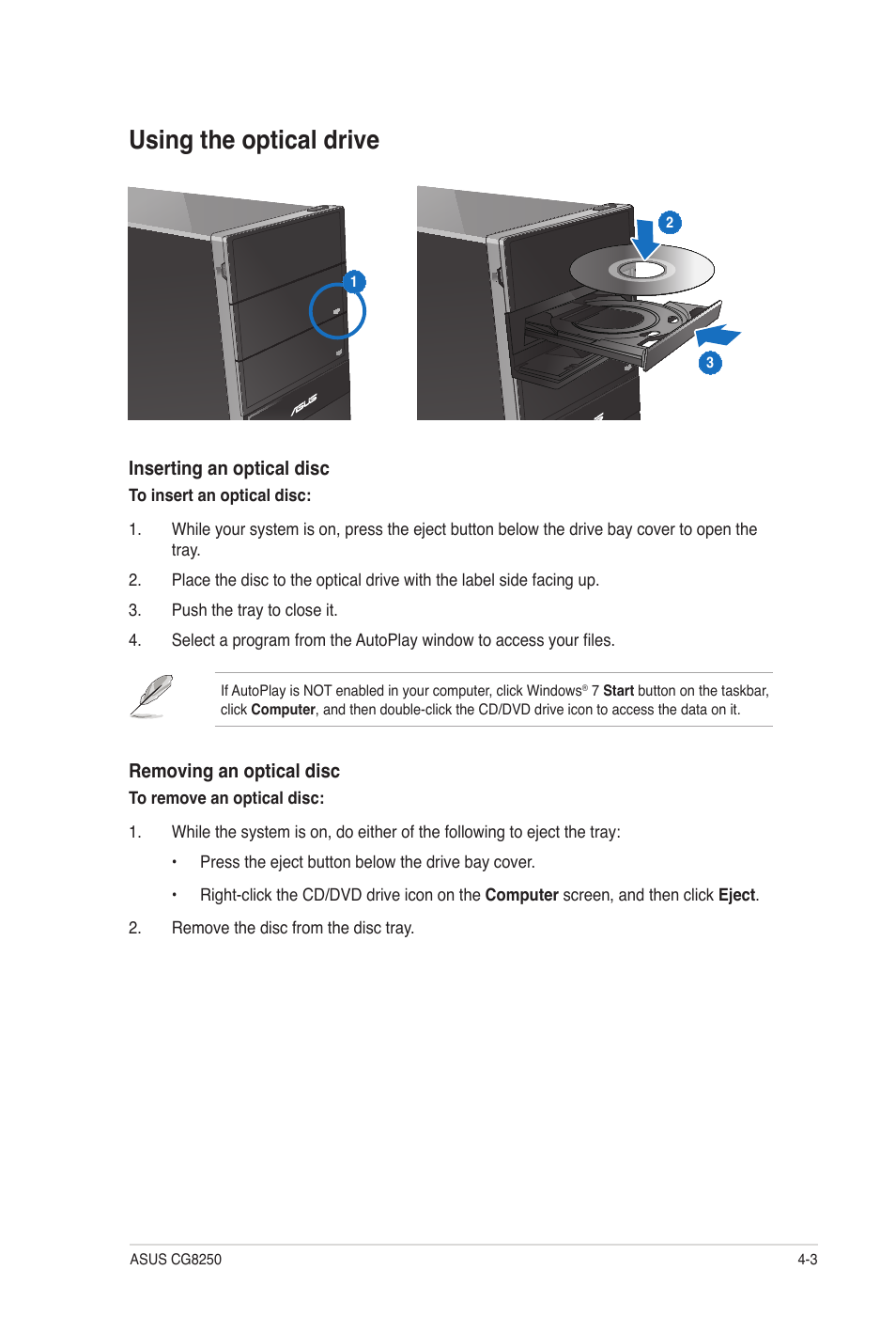 Using the optical drive, Using the optical drive -3 | Asus CG8250 User Manual | Page 35 / 60