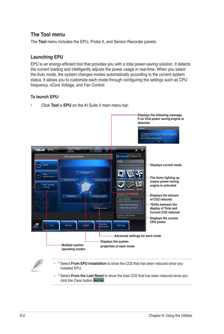 The tool menu, Launching epu | Asus CG8250 User Manual | Page 43 / 60