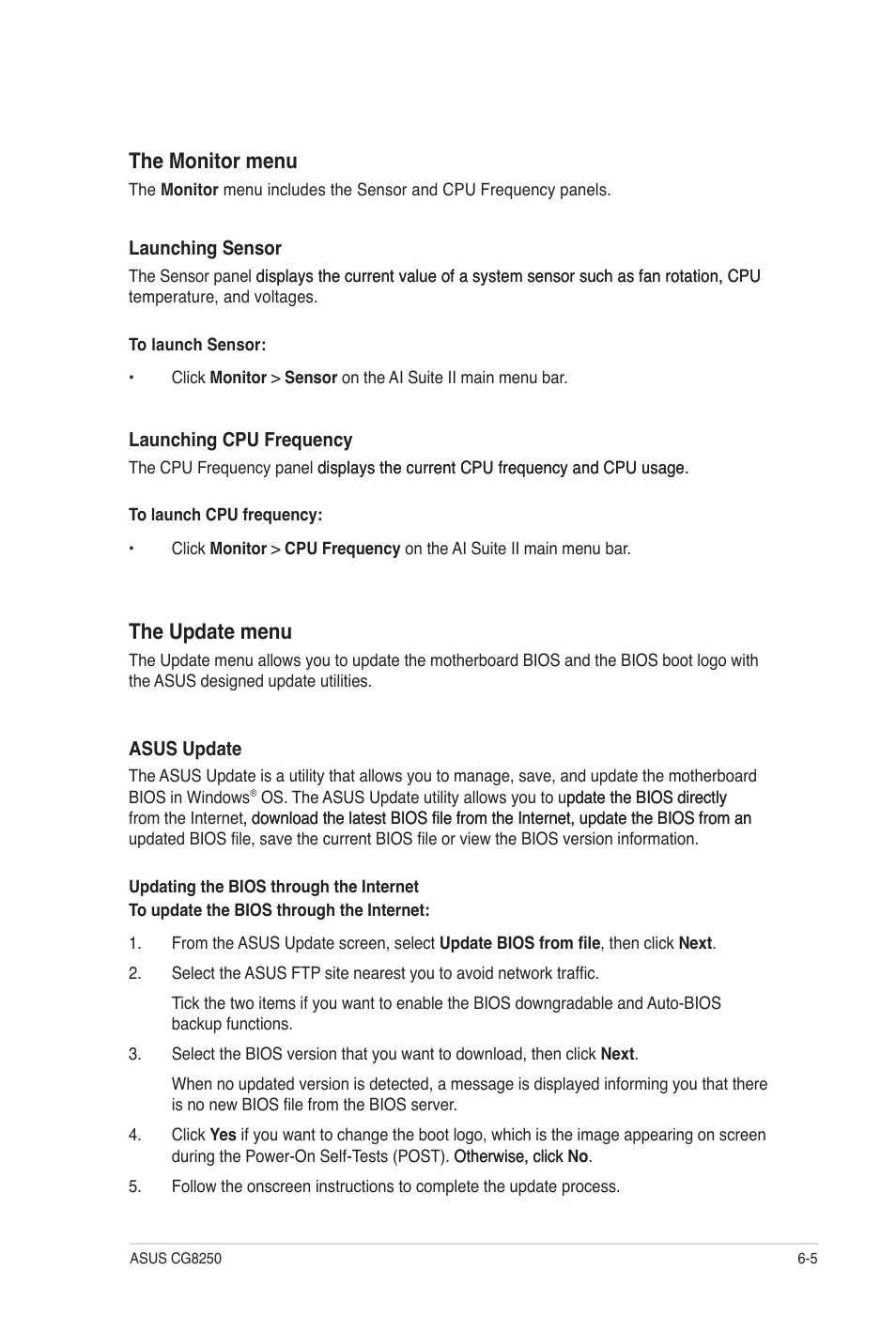 The monitor menu, The update menu | Asus CG8250 User Manual | Page 46 / 60