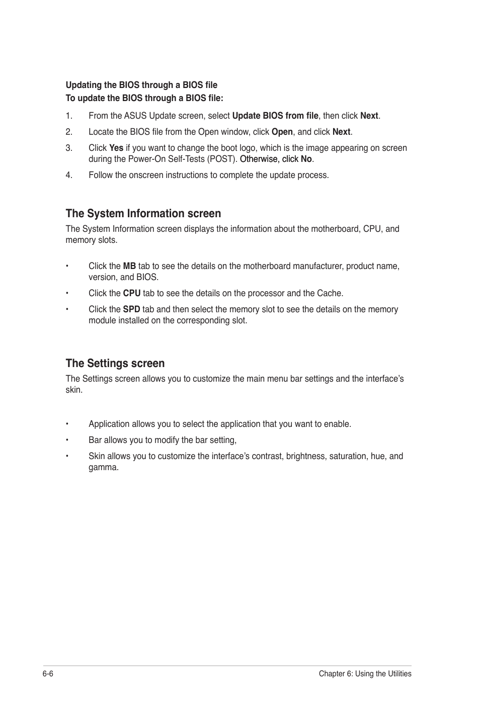 The system information screen, The settings screen | Asus CG8250 User Manual | Page 47 / 60